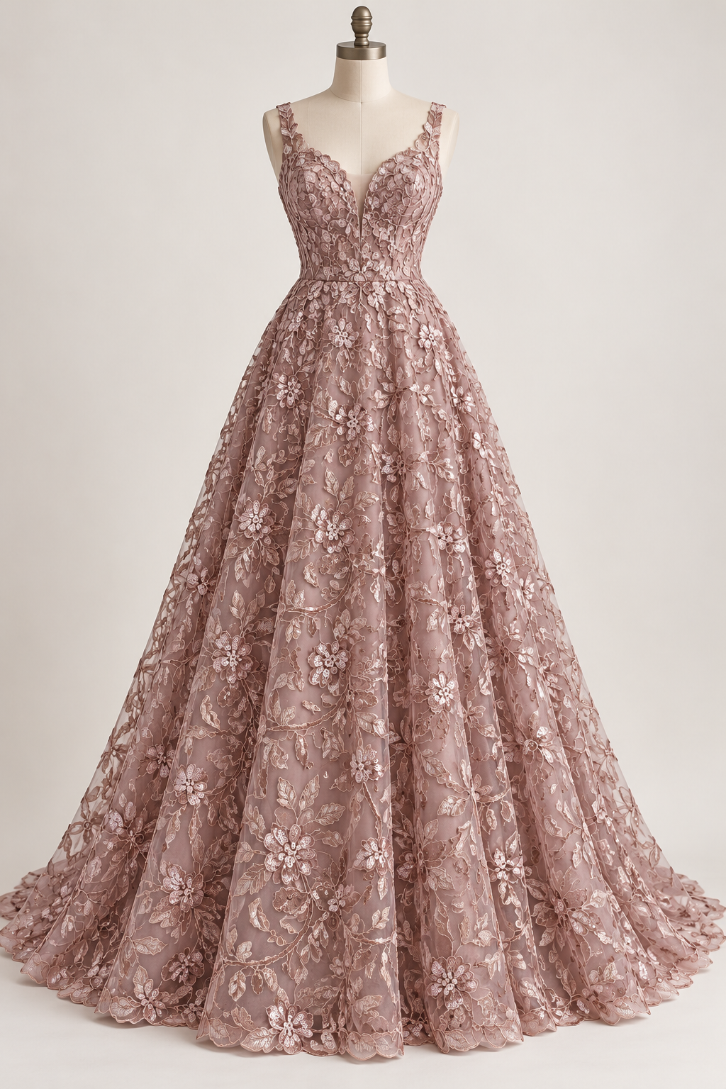 Tul Bordado Con Diseño Floral Con Lentejuela Color Palo de Rosa -HH193 — Palacio Glamour