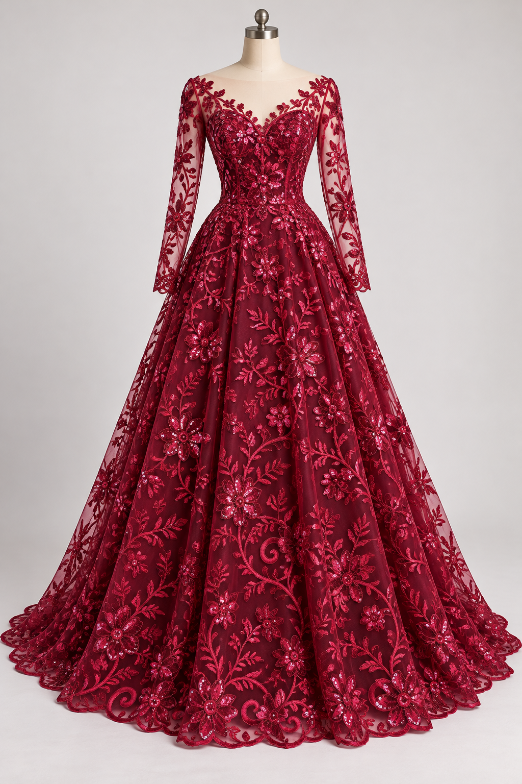 Tul Bordado Con Diseño Floral Con Lentejuela Color Vino -HH193 — Palacio Glamour