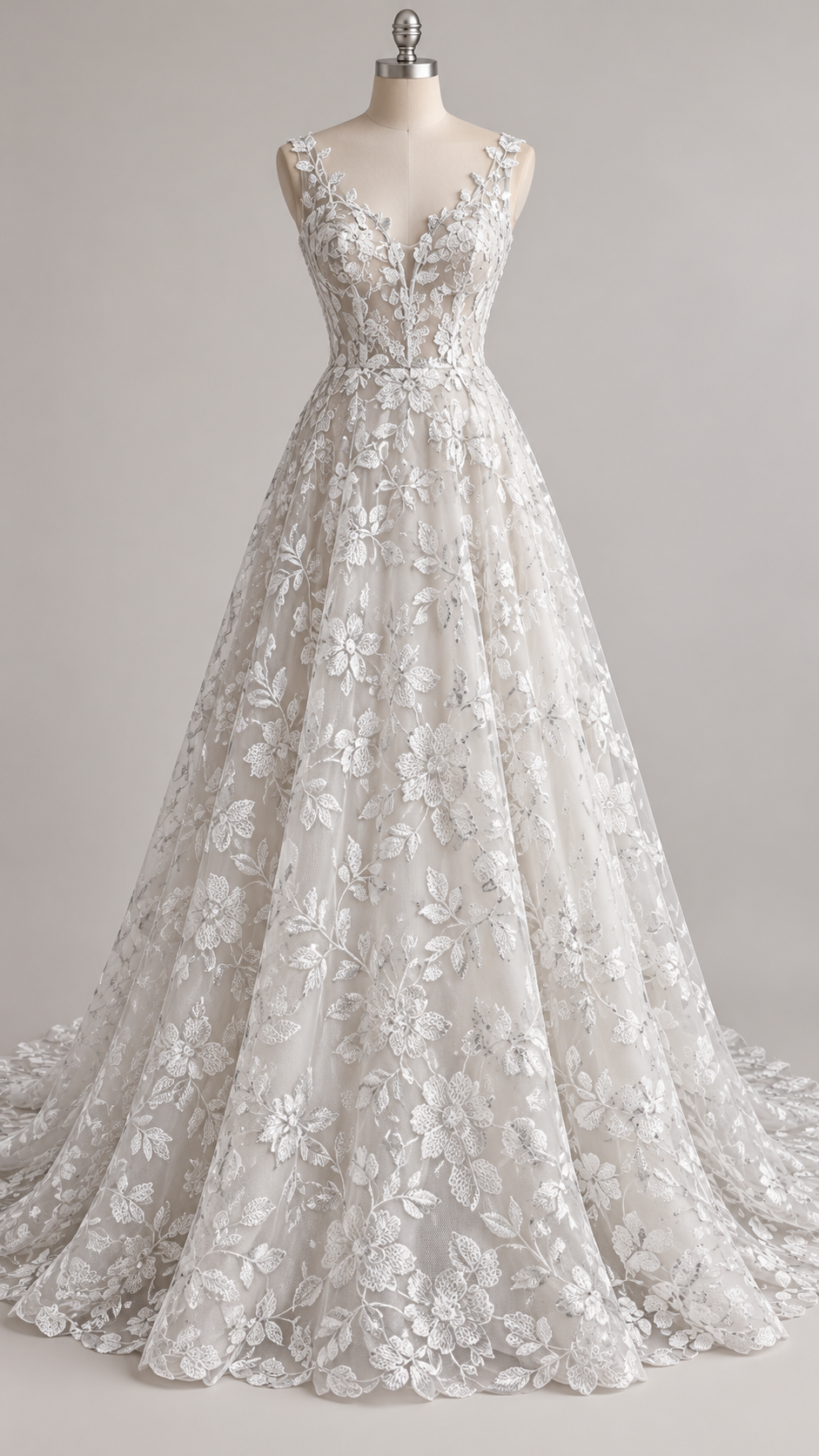 Tul Bordado Diseño Floral Con Lentejuela Color Blanco-HH195 — Palacio Glamour