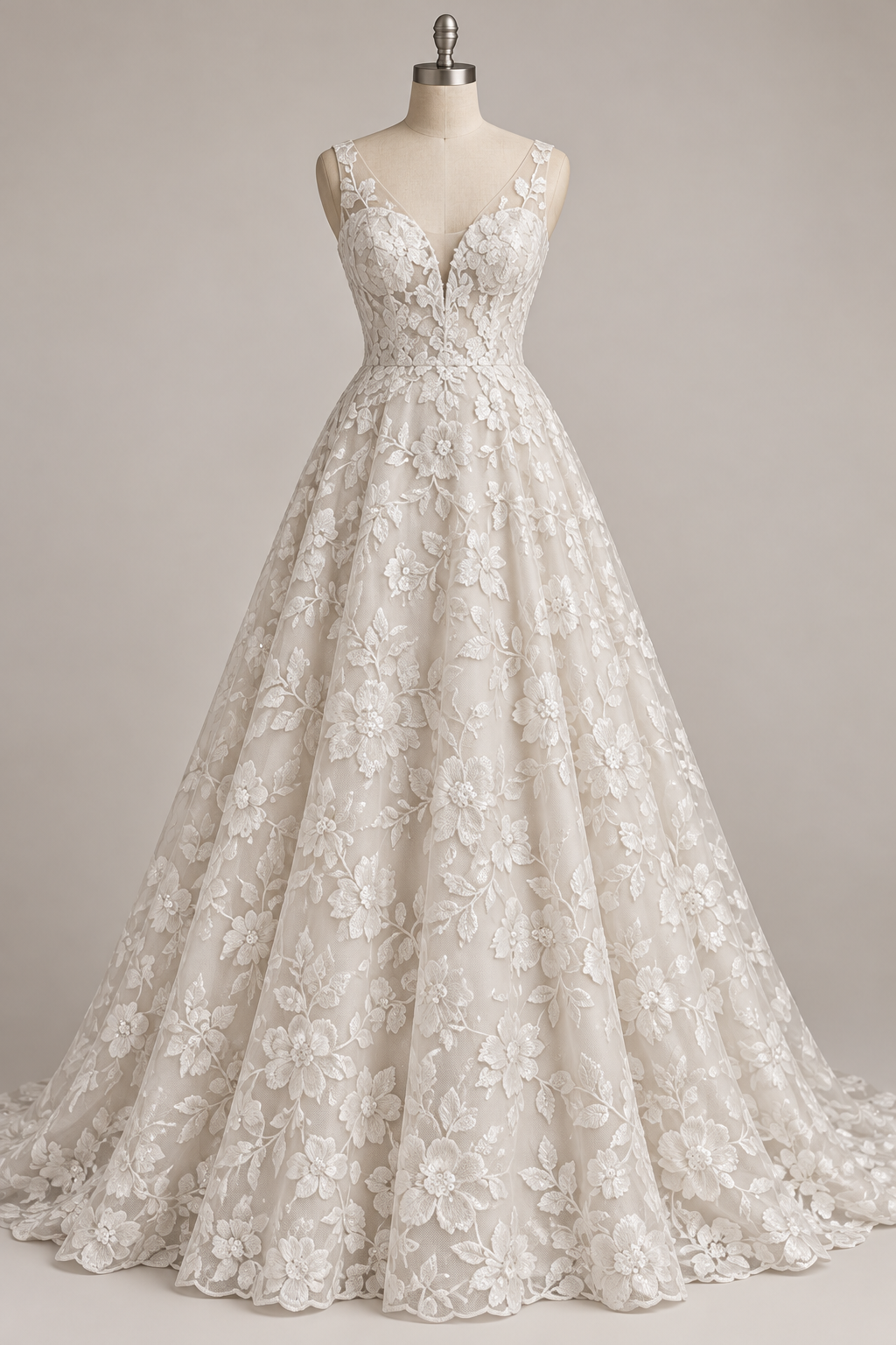 Tul Bordado Diseño Floral Con Lentejuela Color Hueso-HH195 — Palacio Glamour