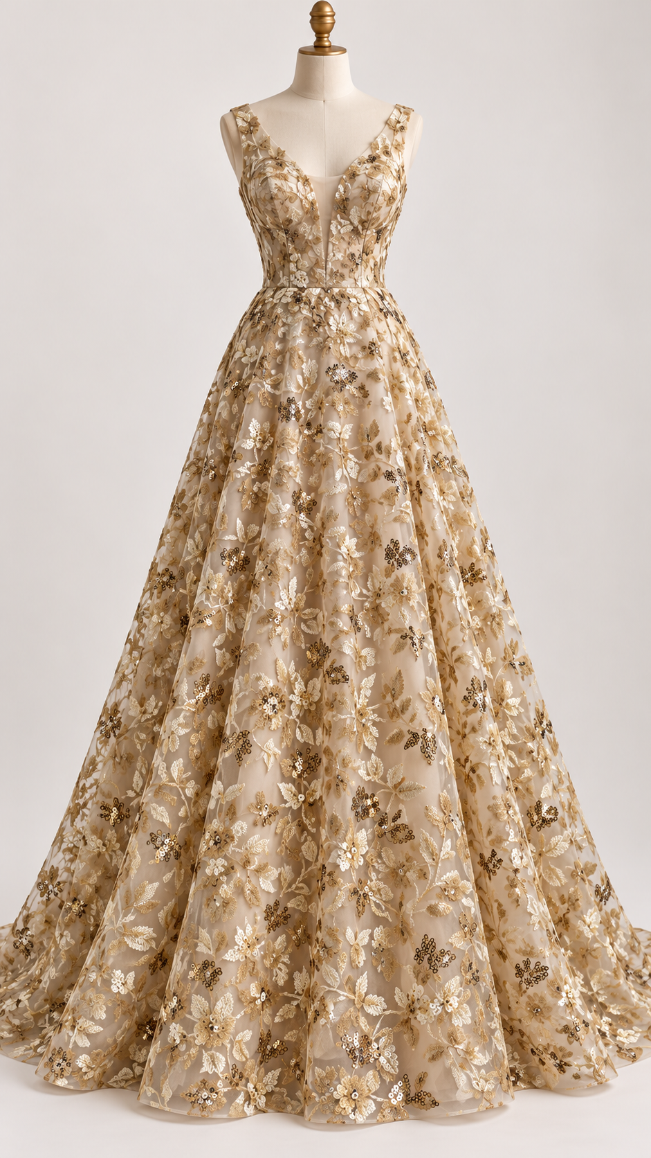 Tul Bordado Diseño Floral Con Lentejuela Color Oro-HH195 — Palacio Glamour