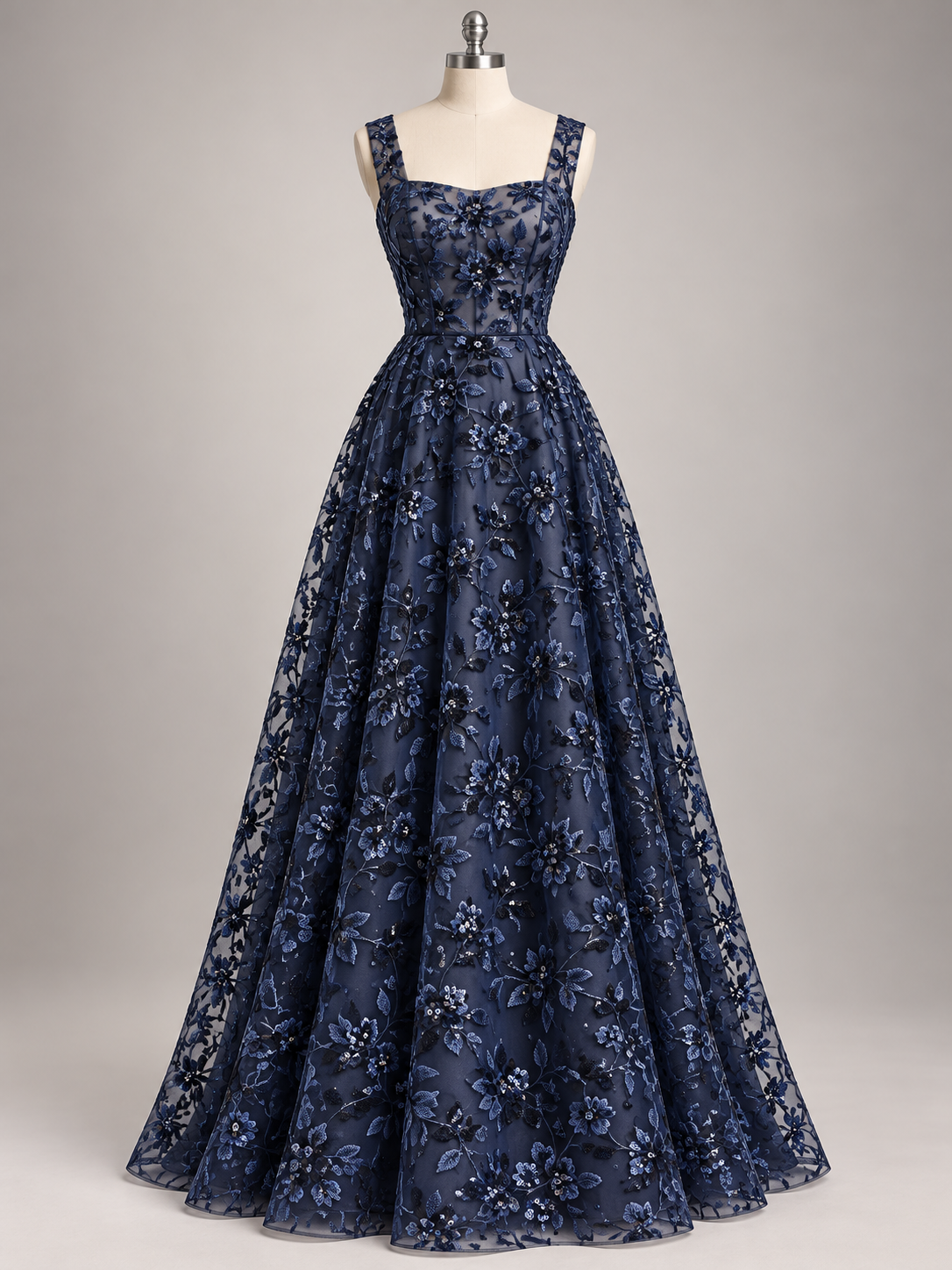 Tul Bordado Diseño Floral Con Lentejuela Color Marino -HH195 — Palacio Glamour