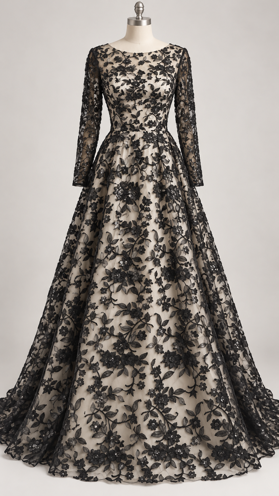 Tul Bordado Diseño Floral Con Lentejuela Color Negro -HH195 — Palacio Glamour