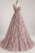 Tul Bordado Con Ramas En Lentejuela Y Chaquira Color Rosa -HH196 — Palacio Glamour