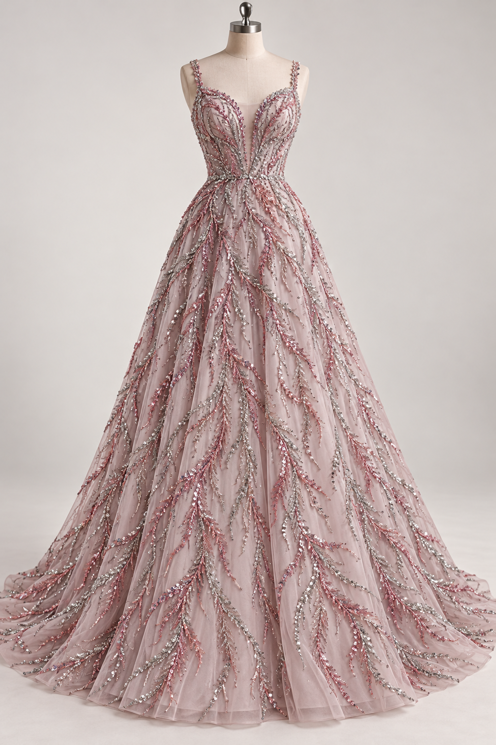 Tul Bordado Con Ramas En Lentejuela Y Chaquira Color Rosa -HH196 — Palacio Glamour