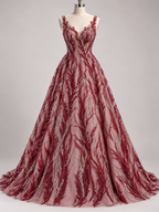 Tul Bordado Con Ramas En Lentejuela Y Chaquira Color Vino -HH196 — Palacio Glamour