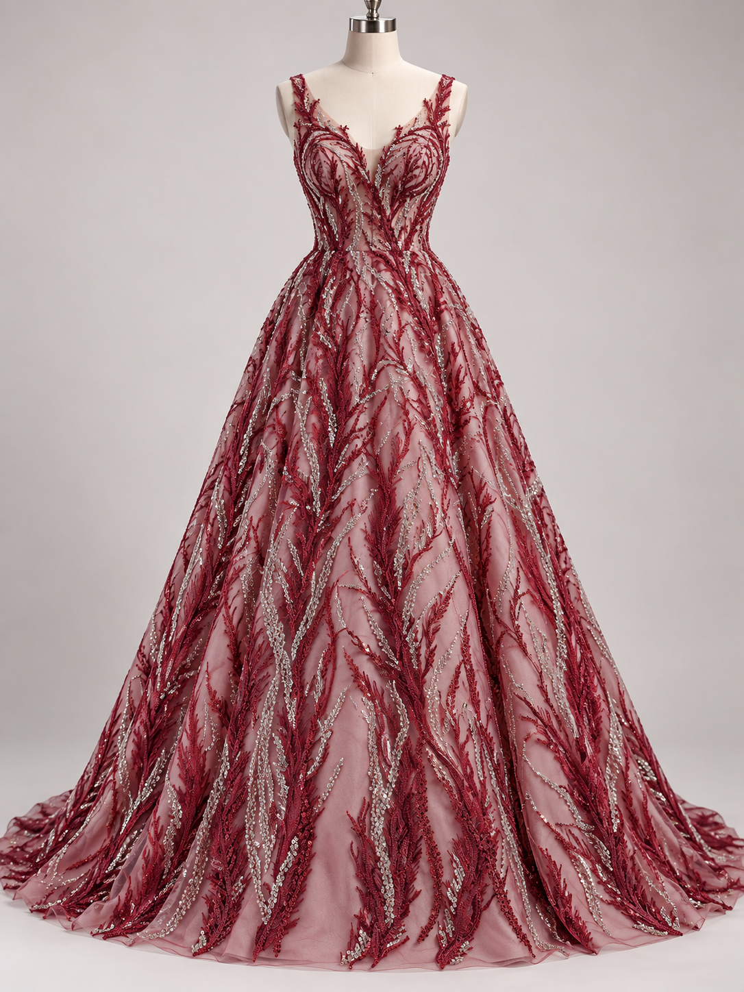Tul Bordado Con Ramas En Lentejuela Y Chaquira Color Vino -HH196 — Palacio Glamour