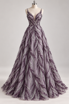 Tul Bordado Con Ramas En Lentejuela Y Chaquira Color Morado Uva -HH196 — Palacio Glamour