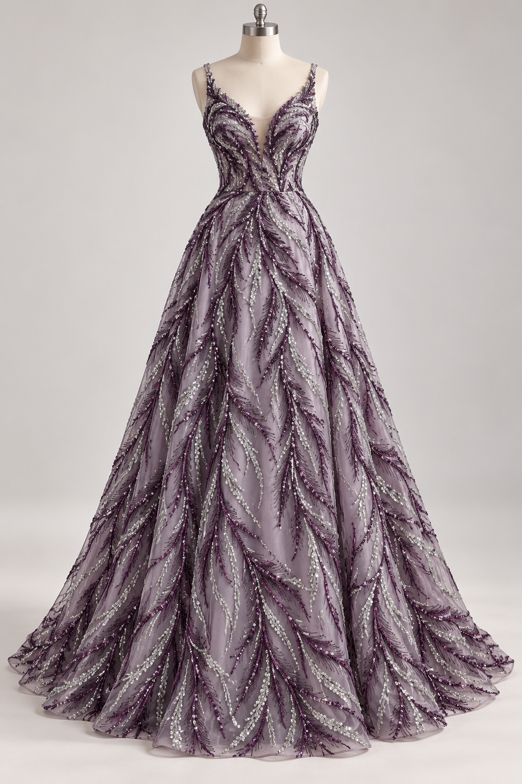Tul Bordado Con Ramas En Lentejuela Y Chaquira Color Morado Uva -HH196 — Palacio Glamour