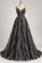 Tul Bordado Con Ramas En Lentejuela Y Chaquira Color Negro -HH196 — Palacio Glamour