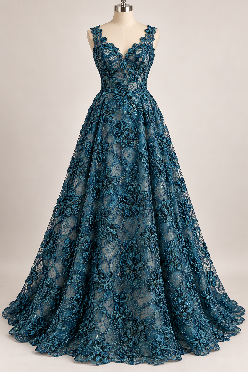 Tul Bordado Diseño Floral Con Lentejuela Color Petroleo Obscuro -HH198 — Palacio Glamour