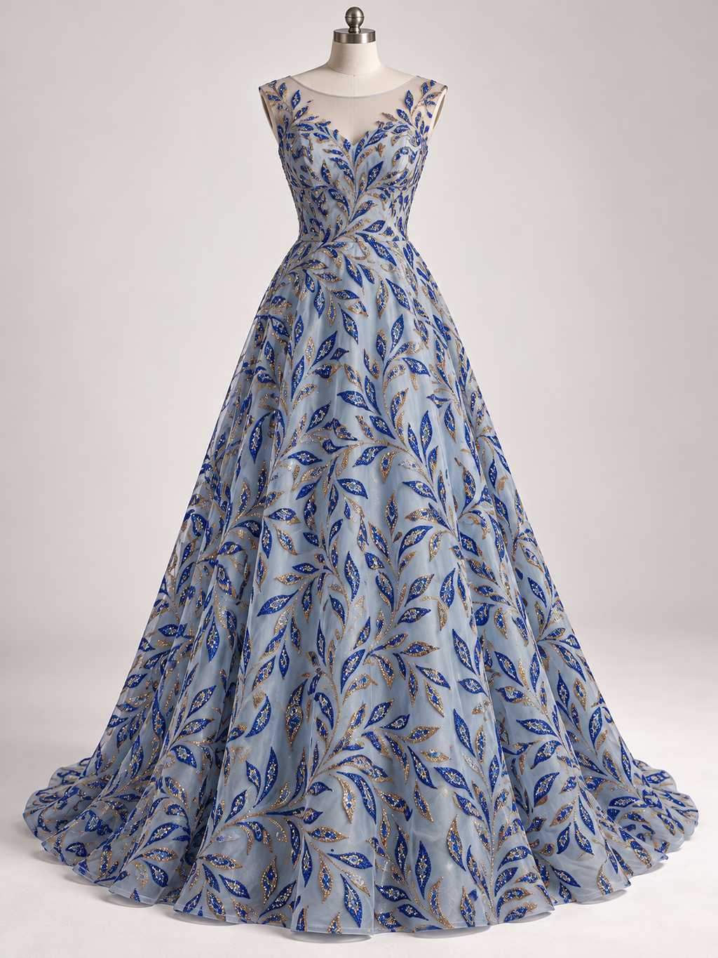 Tul Bordado Con Diseño Aplicaciones de Pedrería Y Glitter Color Azul Rey -HH200 — Palacio Glamour