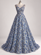 Tul Bordado Con Diseño Aplicaciones de Pedrería Y Glitter Color Azul Rey -HH200 — Palacio Glamour