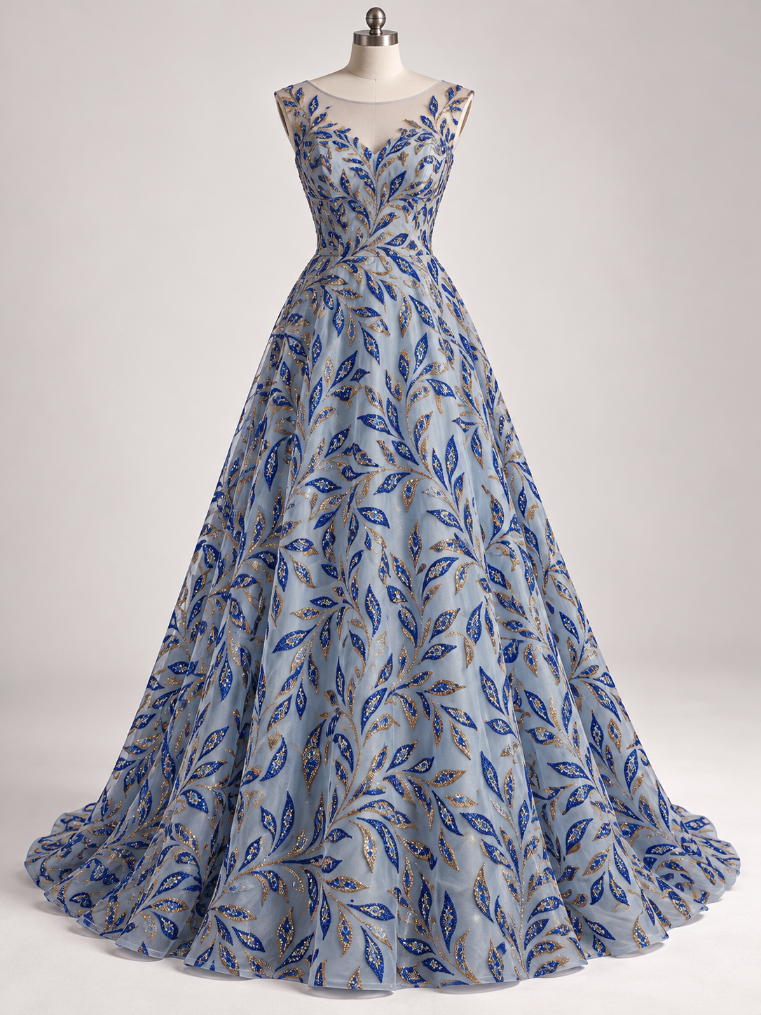 Tul Bordado Con Diseño Aplicaciones de Pedrería Y Glitter Color Azul Rey -HH200 — Palacio Glamour