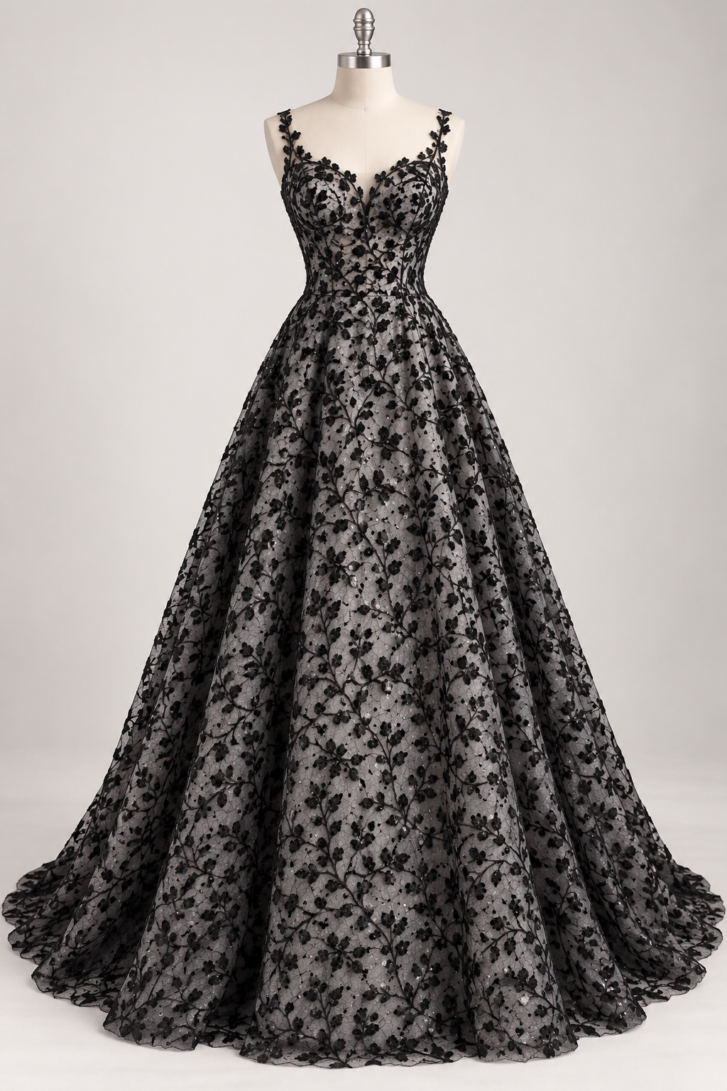Tul Bordado Con Diseño Floral y Ramas Con Aplicaciones de Lentejuela Color Negro -HH201 — Palacio Glamour