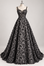 Tul Bordado Con Diseño Floral y Ramas Con Aplicaciones de Lentejuela Color Negro -HH201 — Palacio Glamour