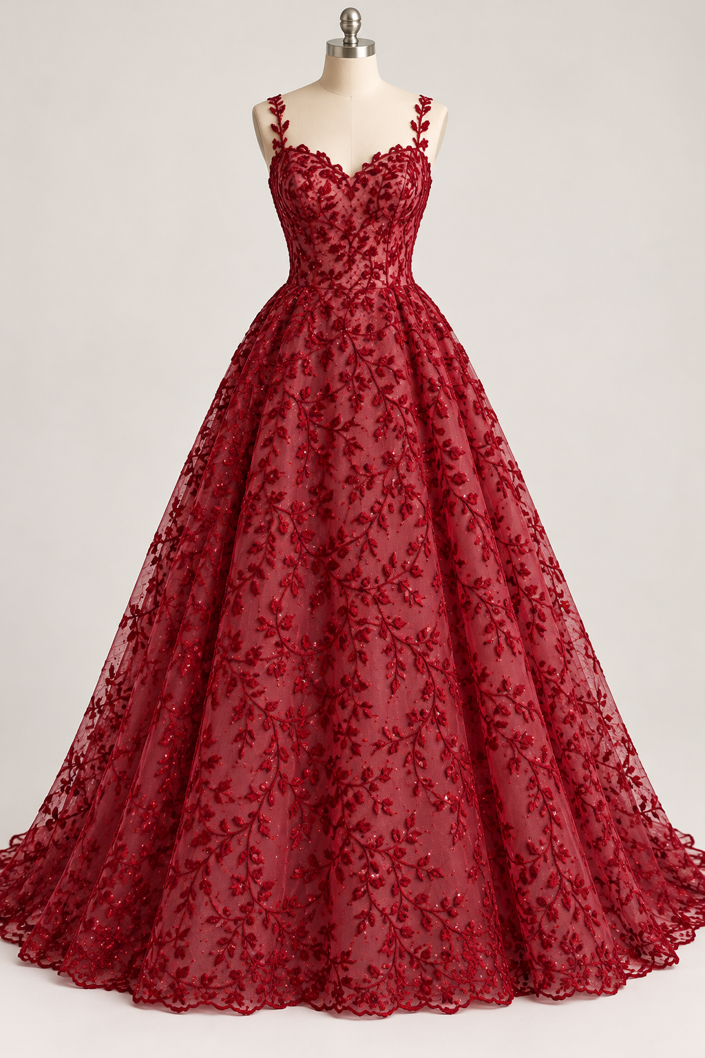 Tul Bordado Con Diseño Floral y Ramas Con Aplicaciones de Lentejuela Color Rojo-HH201 — Palacio Glamour