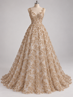Tul Bordado Con Diseño Floral y Ramas Con Aplicaciones de Lentejuela Color Oro -HH201 — Palacio Glamour