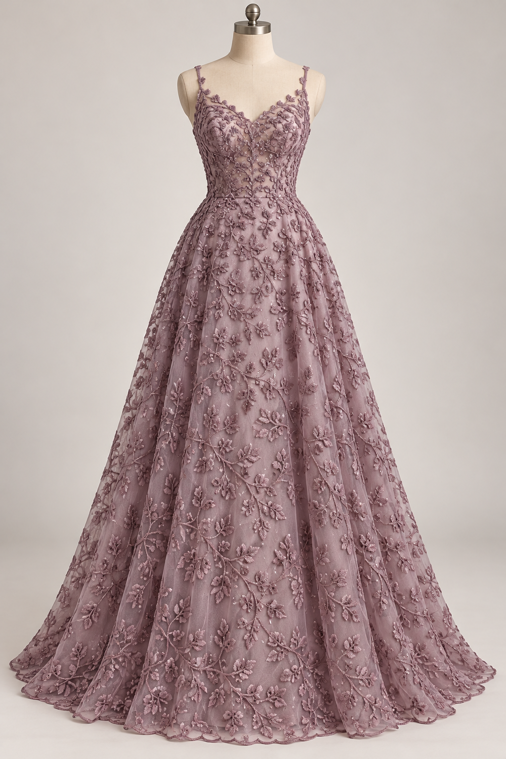 Tul Bordado Con Diseño Floral y Ramas Con Aplicaciones de Lentejuela Color Lavanda -HH201 — Palacio Glamour