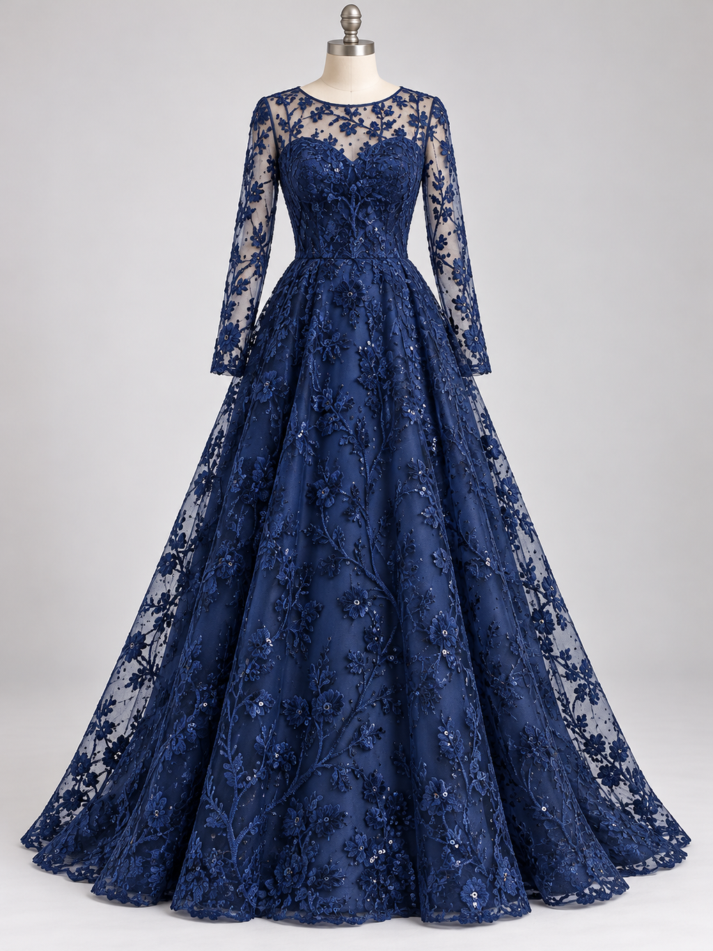 Tul Bordado Con Diseño Floral y Ramas Con Aplicaciones de Lentejuela Color Azul Marino -HH201 — Palacio Glamour