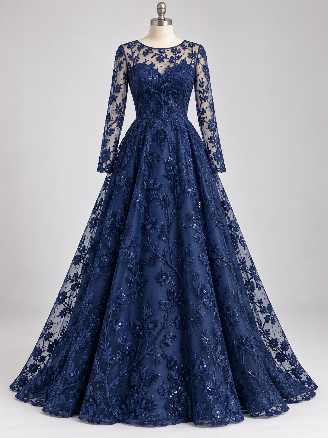 Tul Bordado Con Diseño Floral y Ramas Con Aplicaciones de Lentejuela Color Azul Marino -HH201 — Palacio Glamour