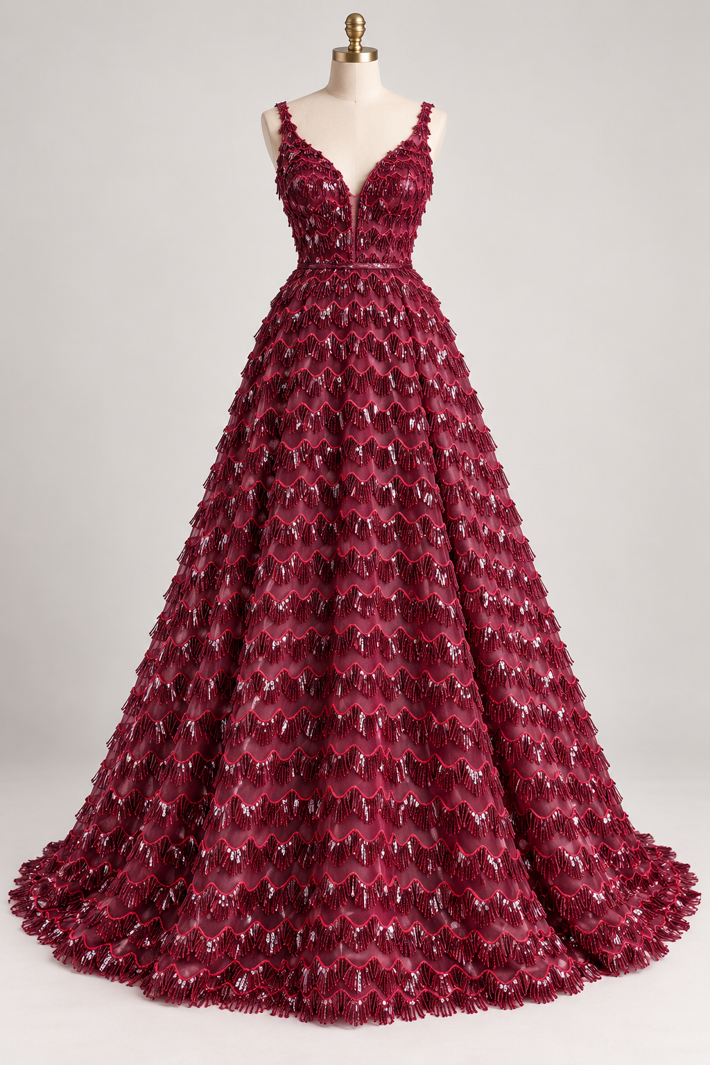 Tul Bordado Con Textura De Flequillos en Lentejuela Color Vino -HH209 — Palacio Glamour