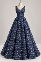 Tul Bordado Con Textura De Flequillos en Lentejuela Color Azul Marino -HH209 — Palacio Glamour