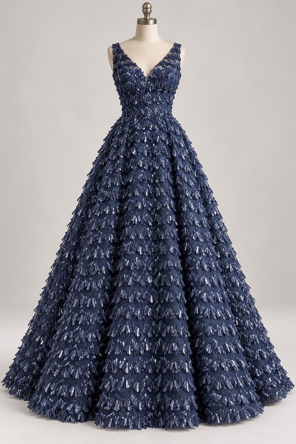 Tul Bordado Con Textura De Flequillos en Lentejuela Color Azul Marino -HH209 — Palacio Glamour