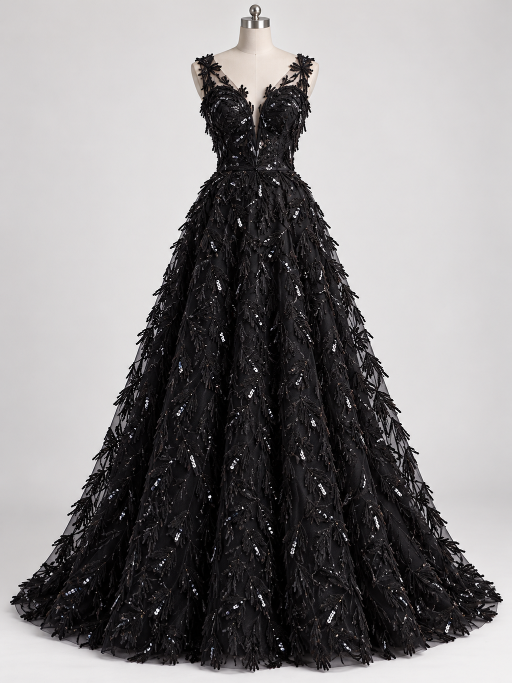 Tul Bordado Con Textura De Flequillos en Lentejuela Color Negro -HH209 — Palacio Glamour