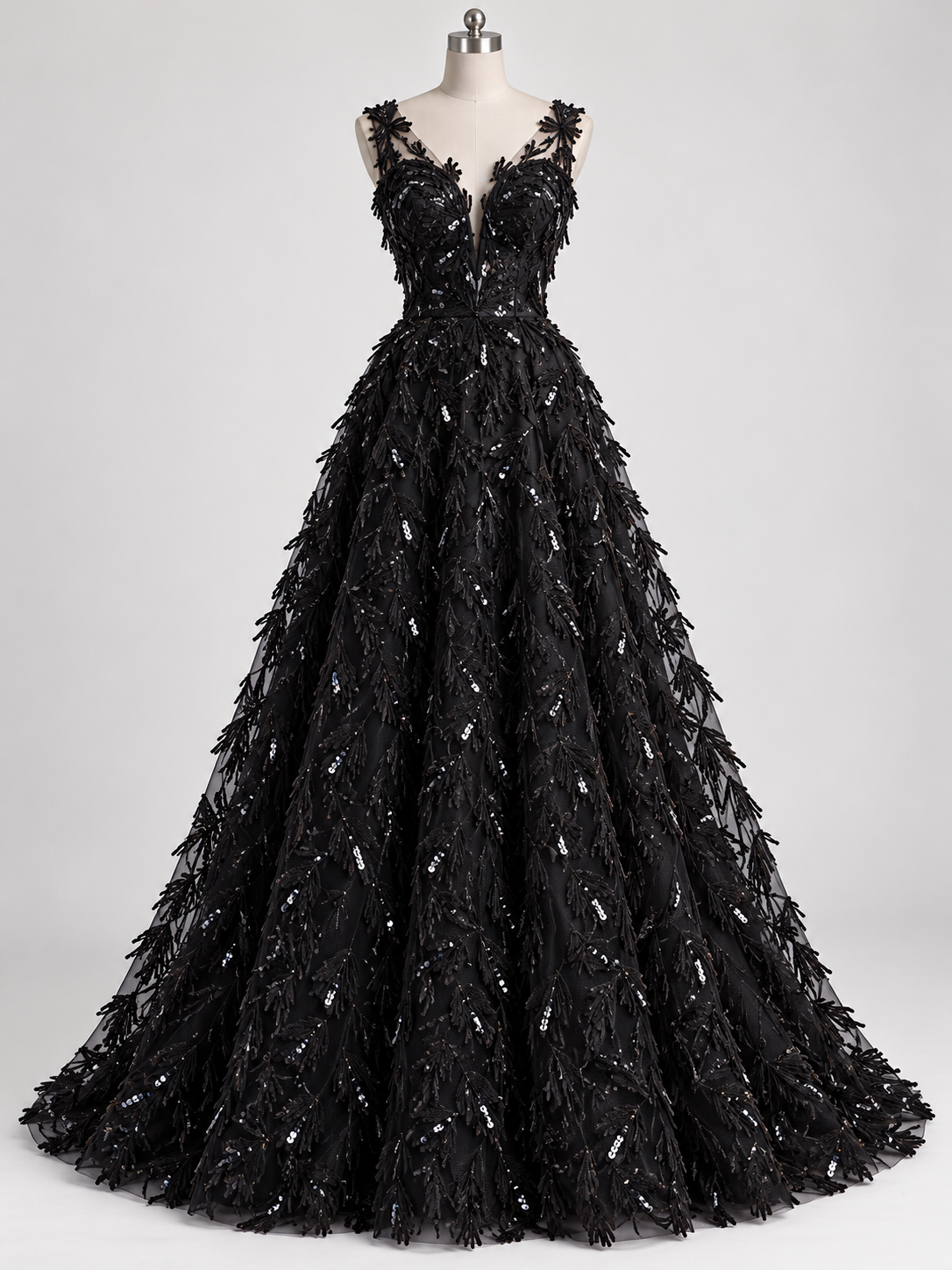 Tul Bordado Con Textura De Flequillos en Lentejuela Color Negro -HH209 — Palacio Glamour
