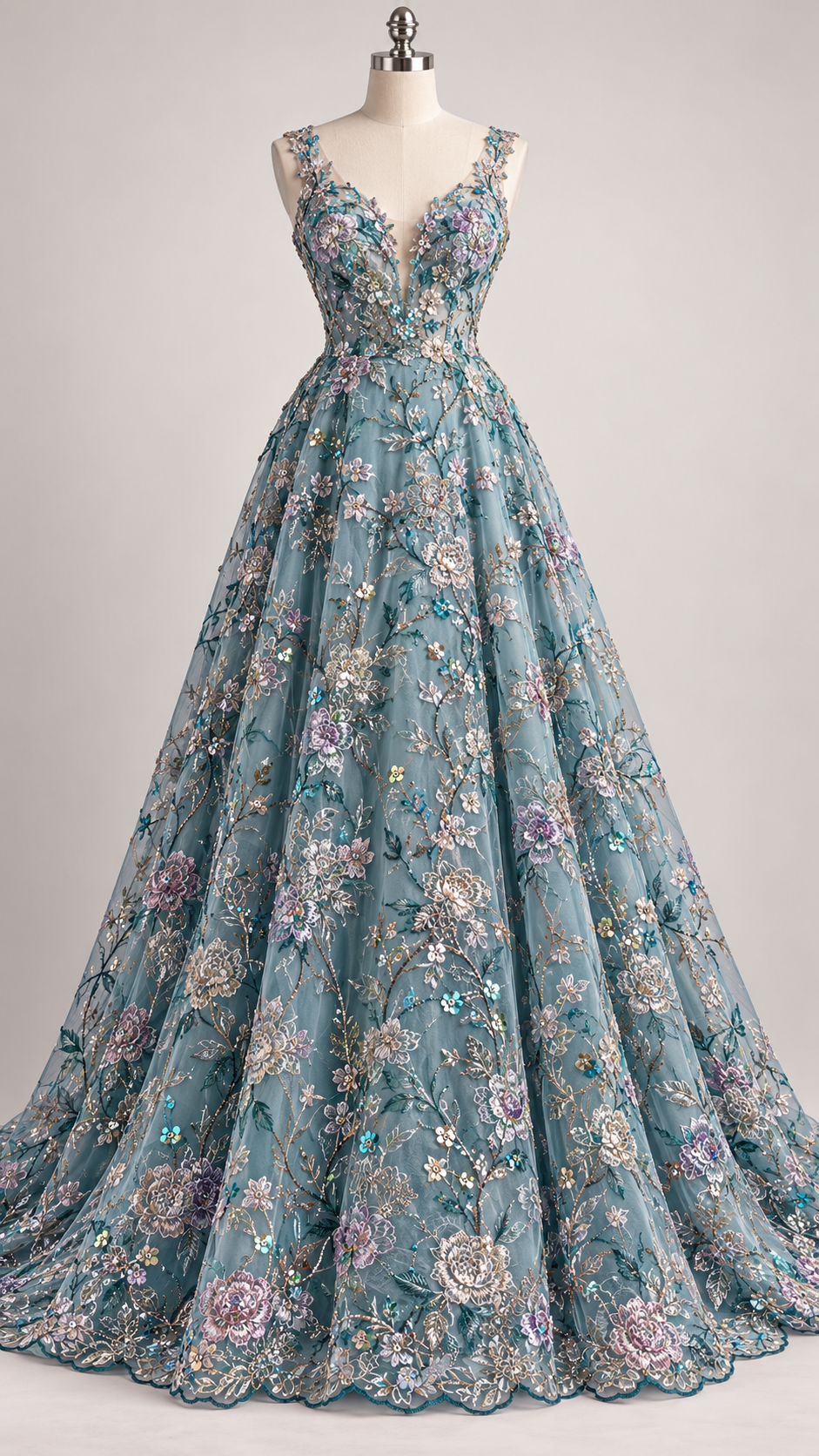 Tul Bordado Floral Multicolor Con Lentejuelas Y Chaquira Color Jade -HH210 — Palacio Glamour