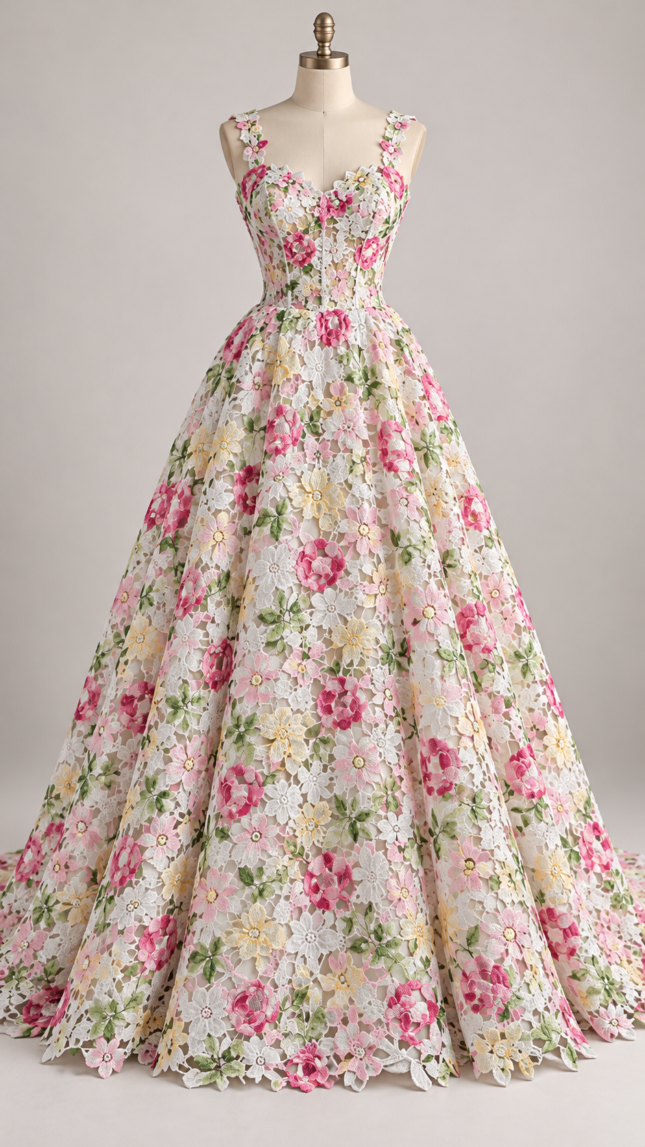 Tul Bordado Estampado Floral Colores Multicolor (Rosa, Verde, Amarillo y Blanco) -HH222 — Palacio Glamour
