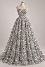 Tul Bordado Con Flores 3d, Lentejuela, Chaquira Y Canutillo Color Plata -HH226 — Palacio Glamour