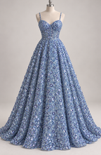 Tul Bordado Con Flores 3d, Lentejuela, Chaquira Y Canutillo Color Azul Periwinkle- HH226 — Palacio Glamour