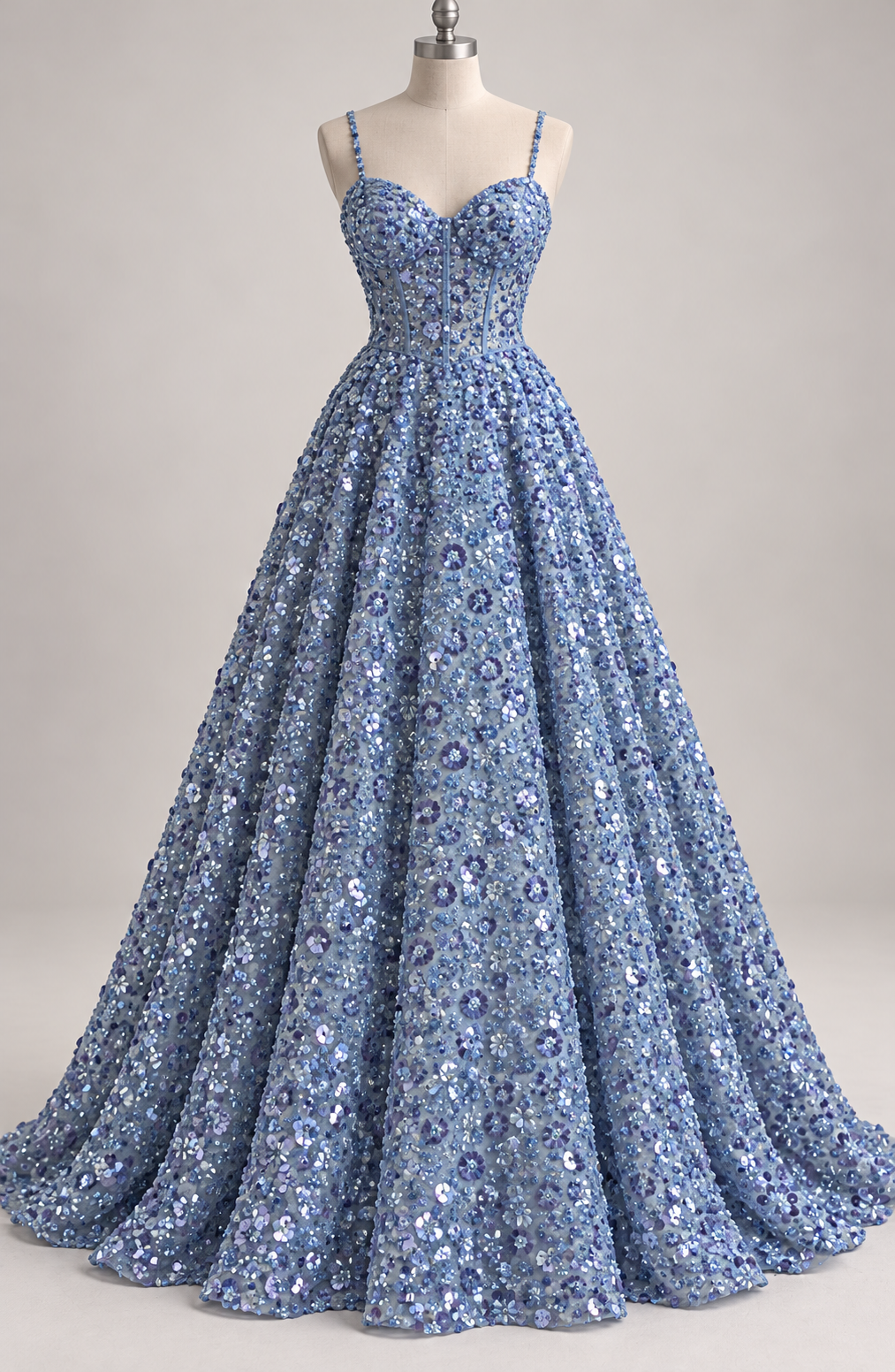 Tul Bordado Con Flores 3d, Lentejuela, Chaquira Y Canutillo Color Azul Periwinkle- HH226 — Palacio Glamour