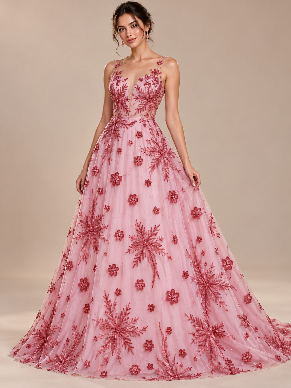 Tul bordado color coral A588 — Palacio Glamour