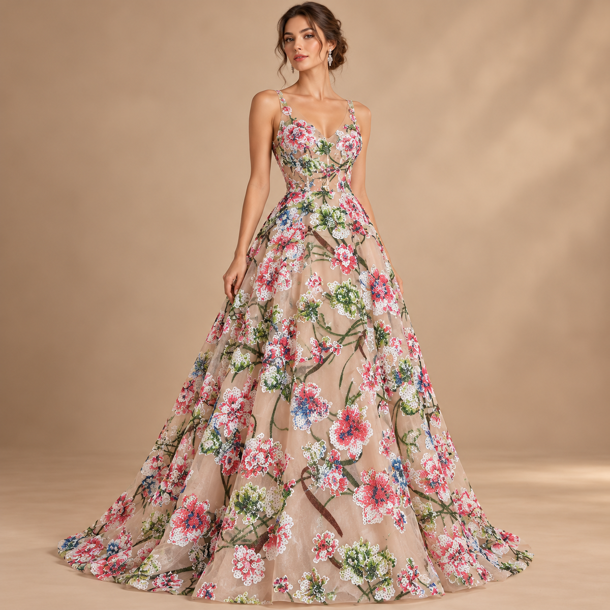 Tul bordado Con Flores de Lentejuela Color Coral A671 — Palacio Glamour