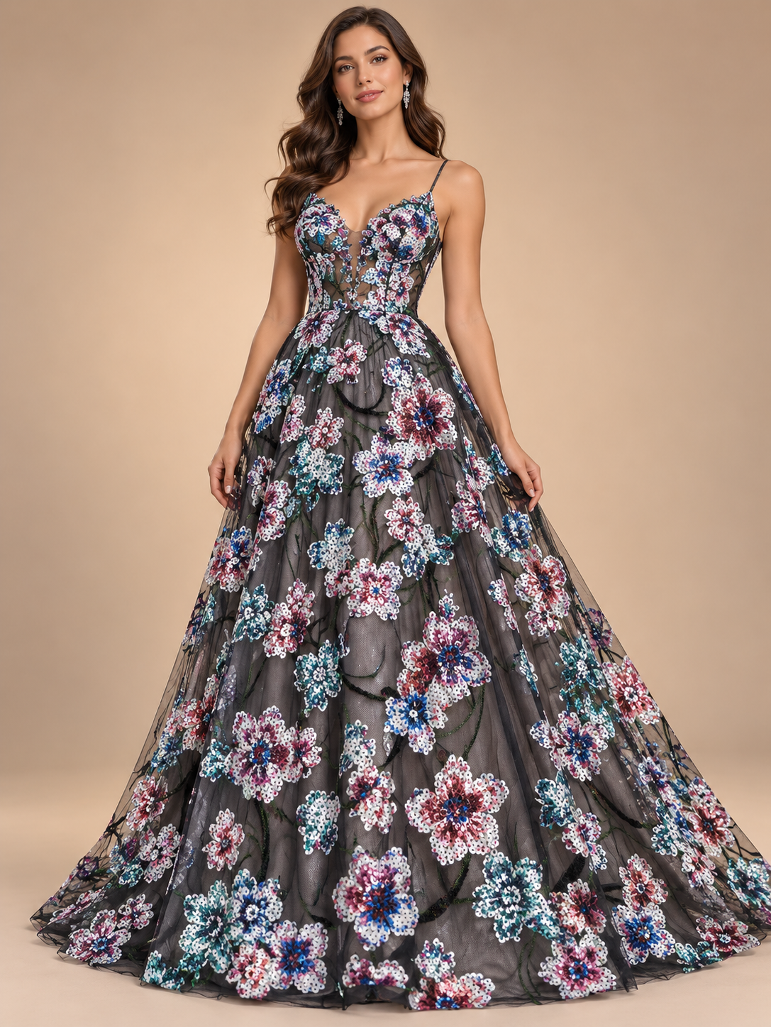 Tul bordado Con Flores de Lentejuela Color Negro Rosa A671m — Palacio Glamour