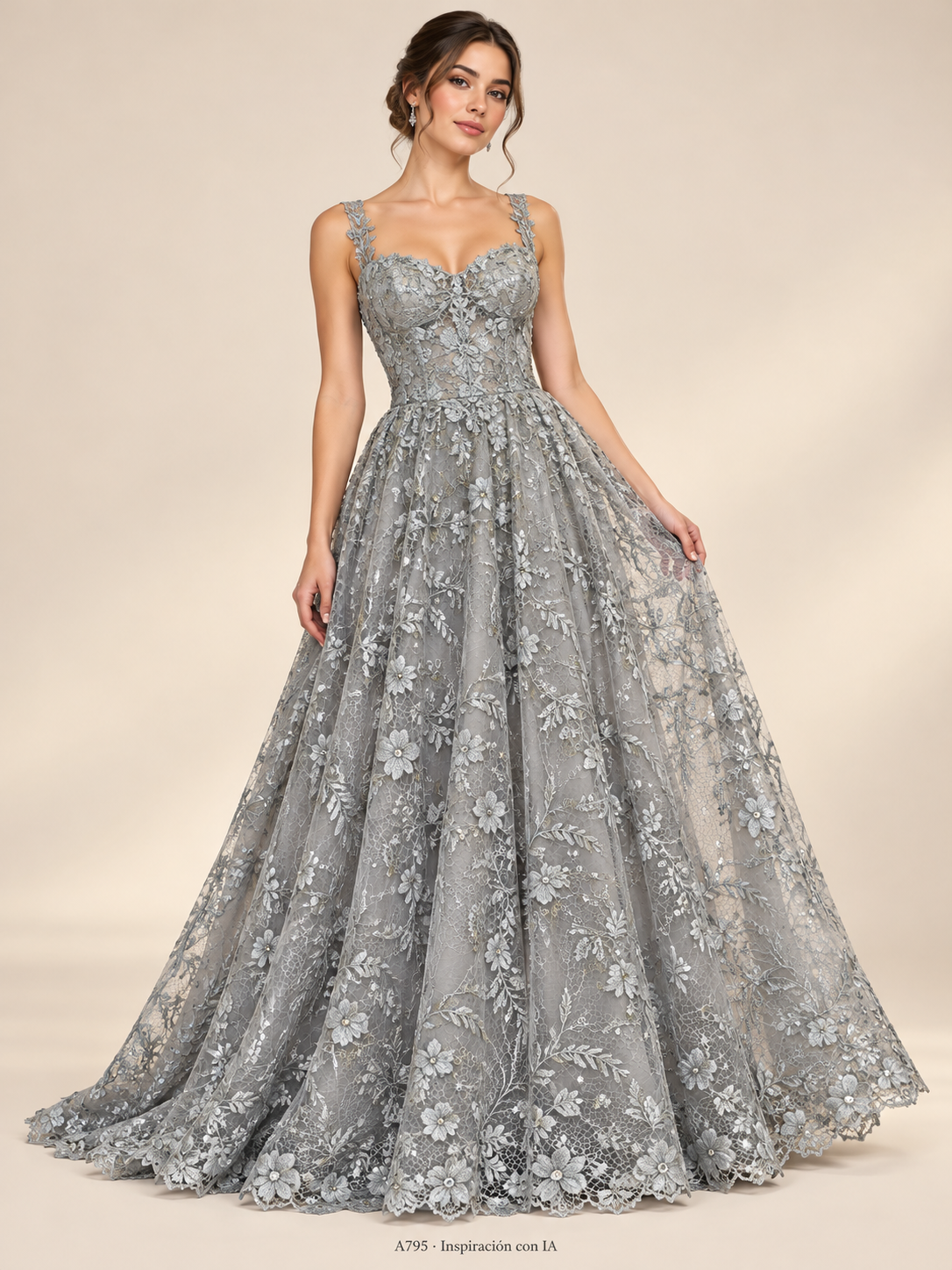 Tul bordado color gris A795 — Palacio Glamour