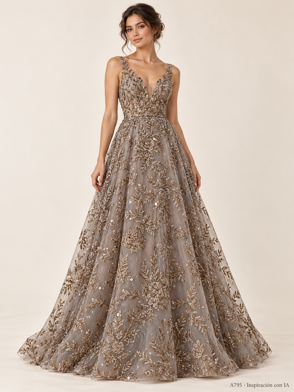 Tul bordado color bronce A795 — Palacio Glamour