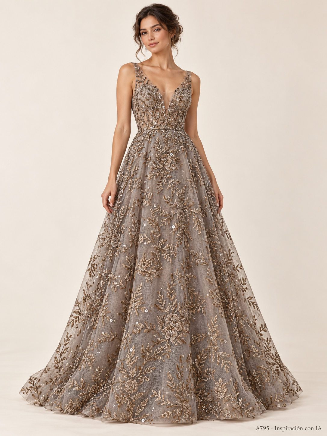 Tul bordado color bronce A795 — Palacio Glamour