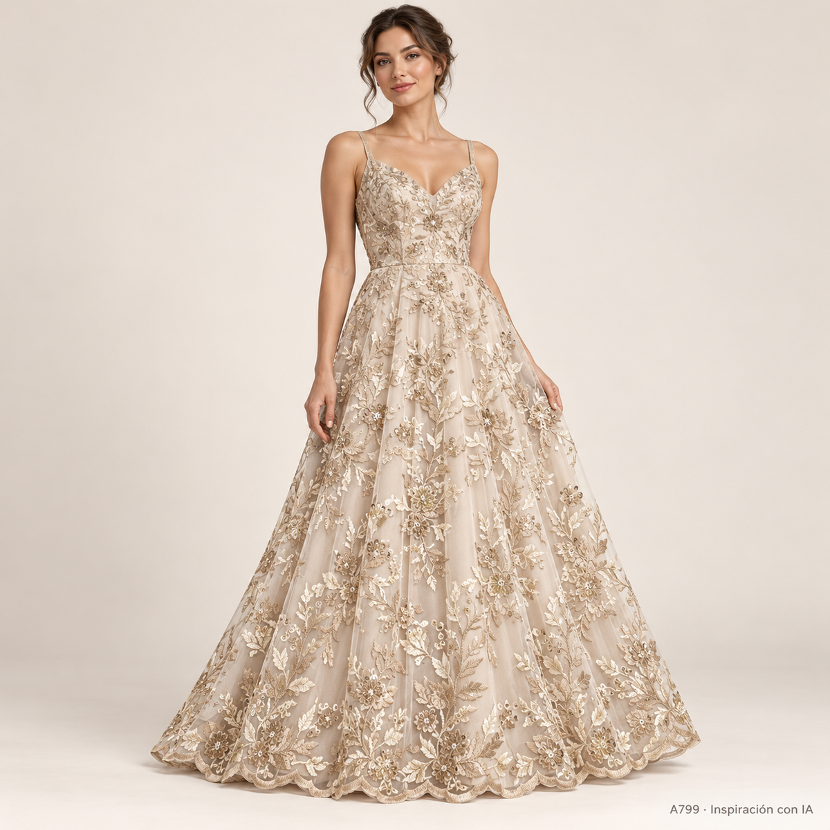 Tul bordado color beige A799 — Palacio Glamour