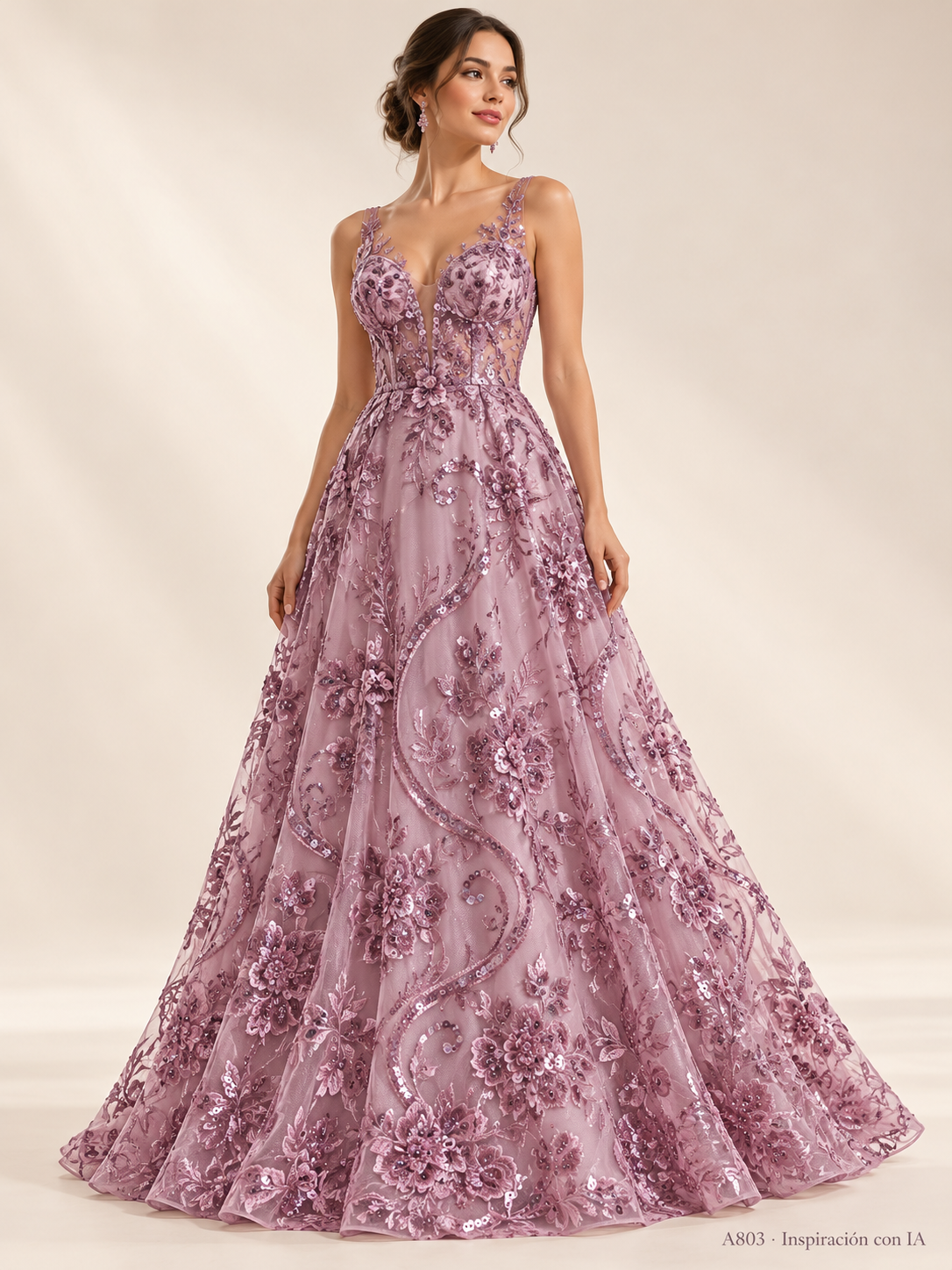 Tul bordado color palo de rosa A803, para vestidos de noche de boda y de XV años — Palacio Glamour