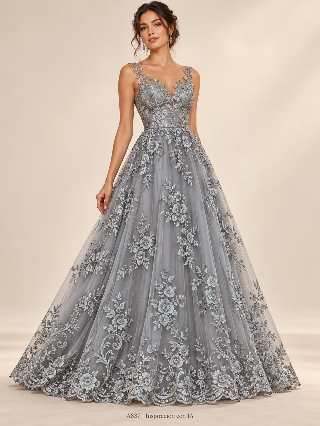 Tul bordado color gris A837 — Palacio Glamour