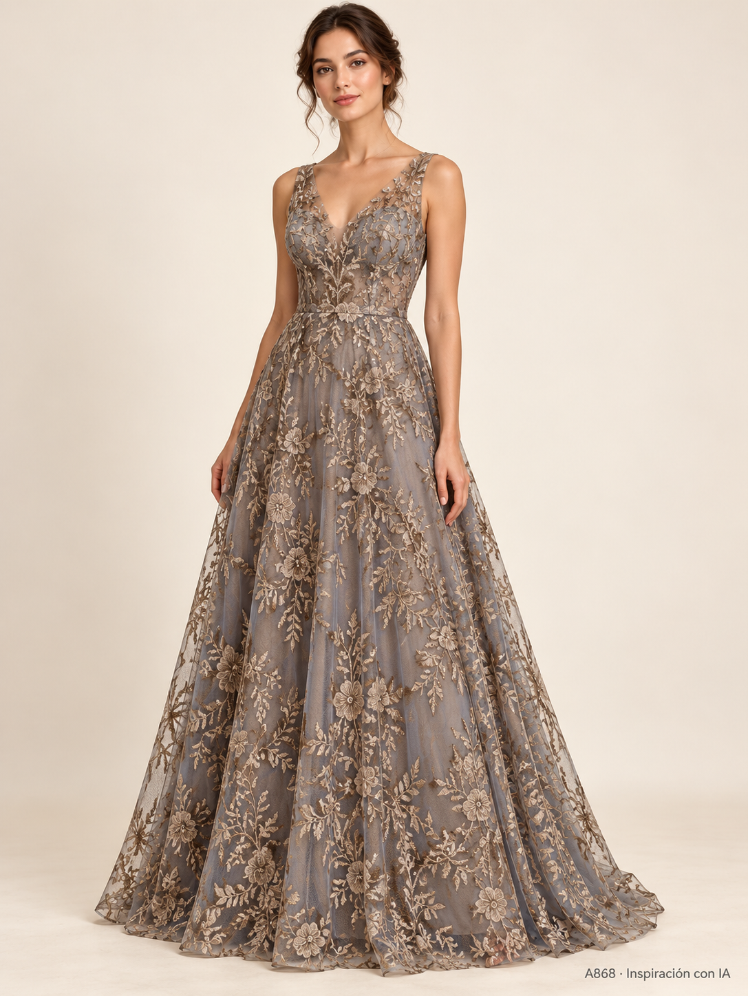 Tul bordado color bronce A868 — Palacio Glamour