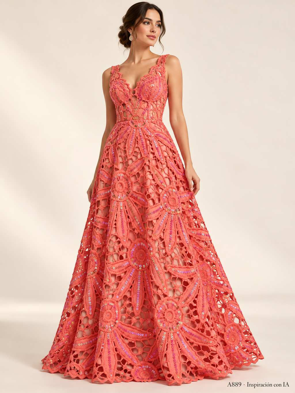 Tul bordado color coral A889 — Palacio Glamour