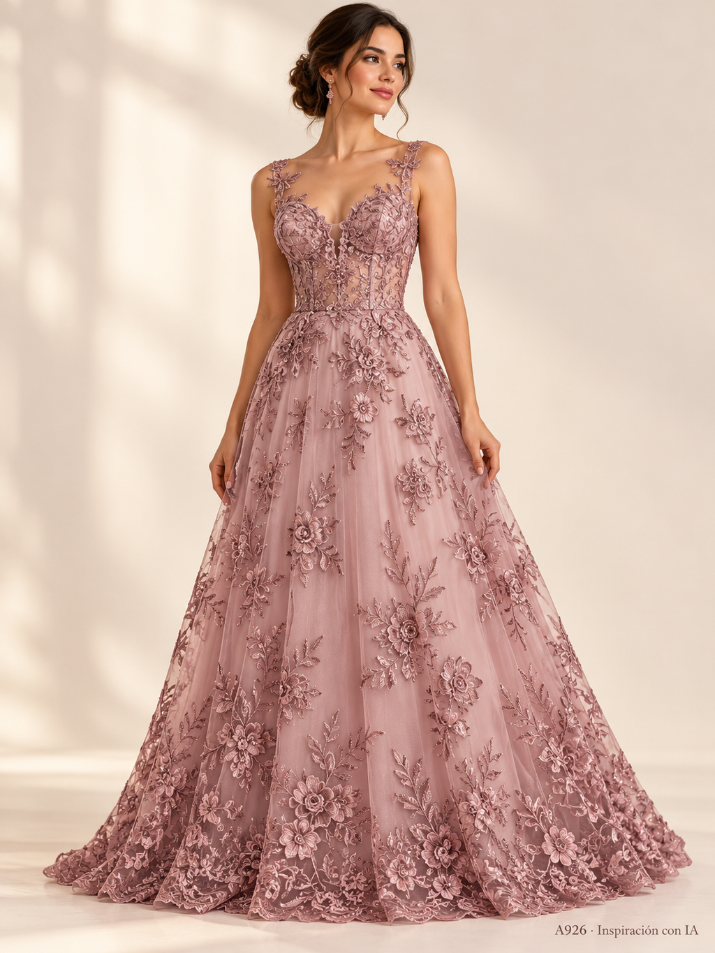 Tul bordado color palo de rosa A926, para vestidos de noche de boda y de XV años — Palacio Glamour