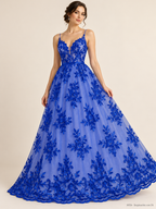 Tul bordado Floral con Orilla Ondulada Color Azul Rey A926 — Palacio Glamour