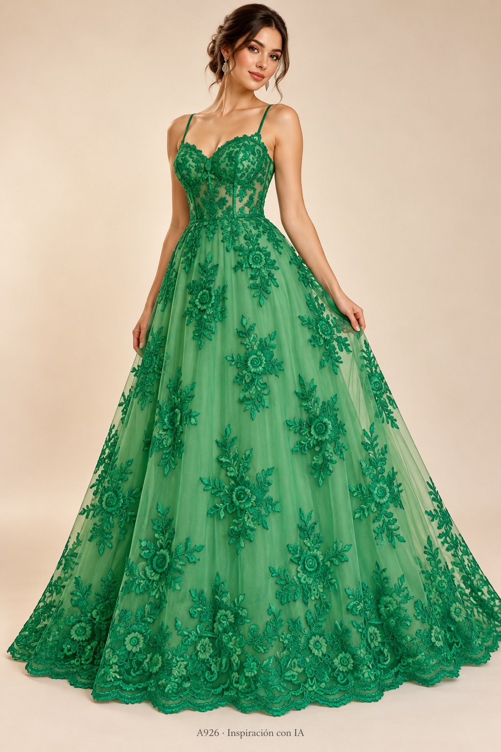 Tul bordado Floral con Orilla Ondulada Color Esmeralda A926 — Palacio Glamour