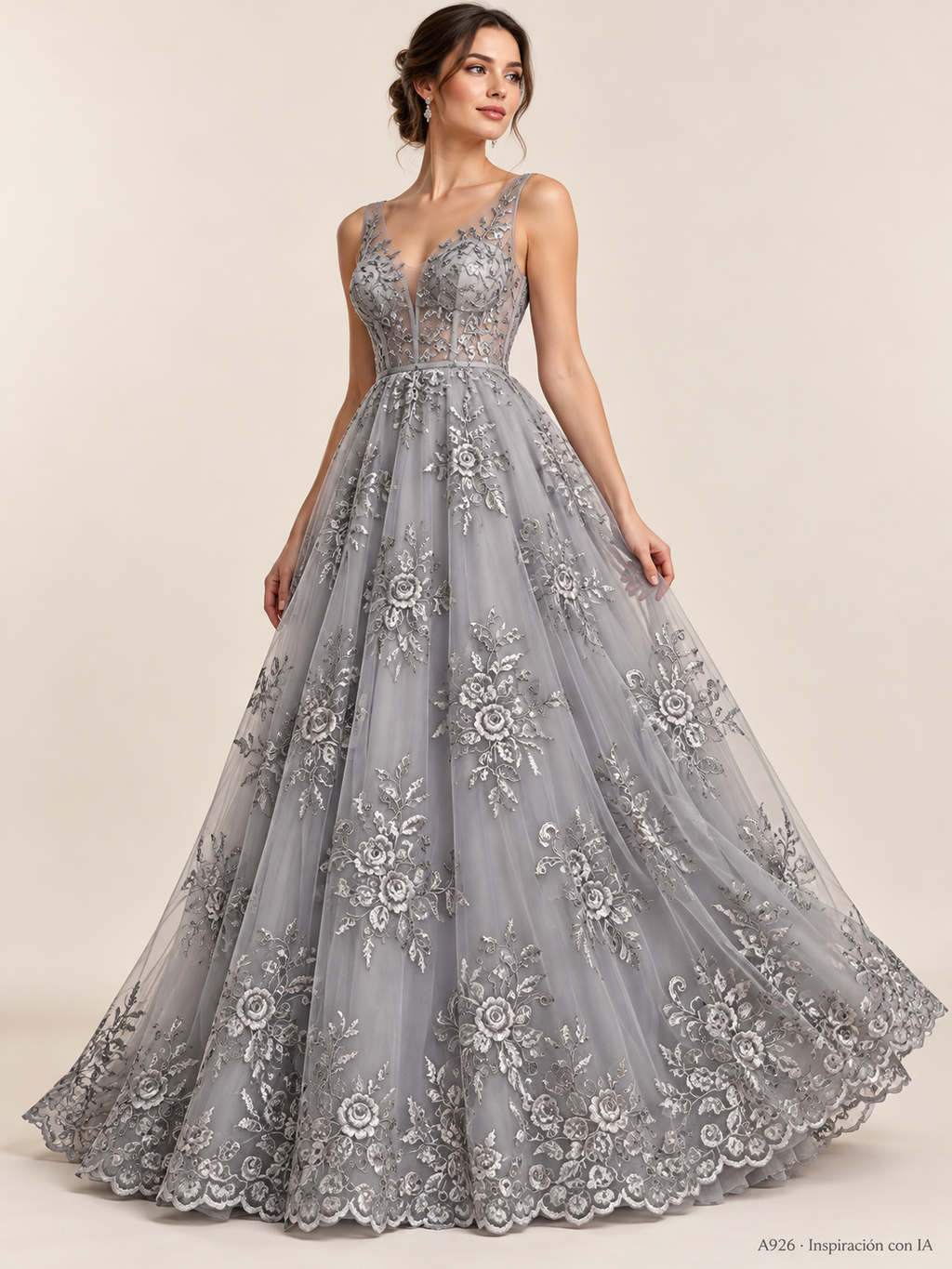 Tul bordado Floral con Orilla Ondulada Color Gris A926 — Palacio Glamour